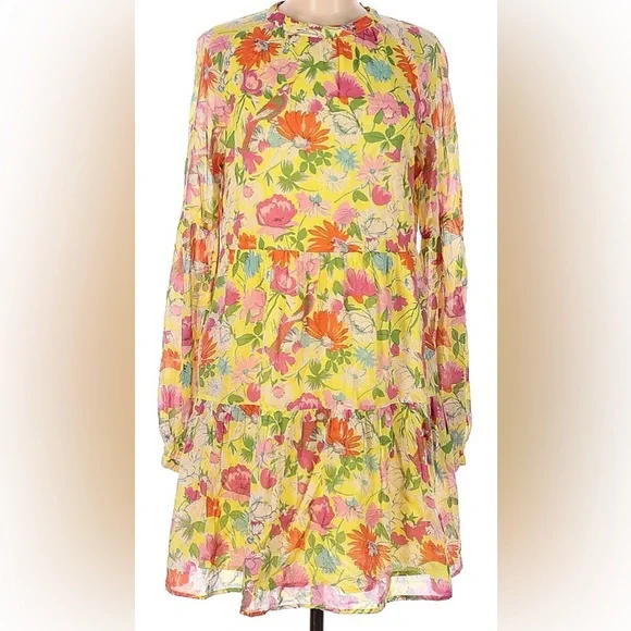 EUC Banjanan Size Medium Yellow Floral Tiered Dress Made in India - Picture 1 of 2